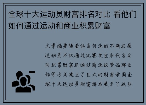 全球十大运动员财富排名对比 看他们如何通过运动和商业积累财富